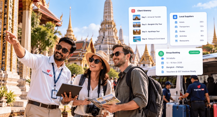 DMC guide with travellers in Bangkok, with itinerary, suppliers and group booking in TripClap CRM