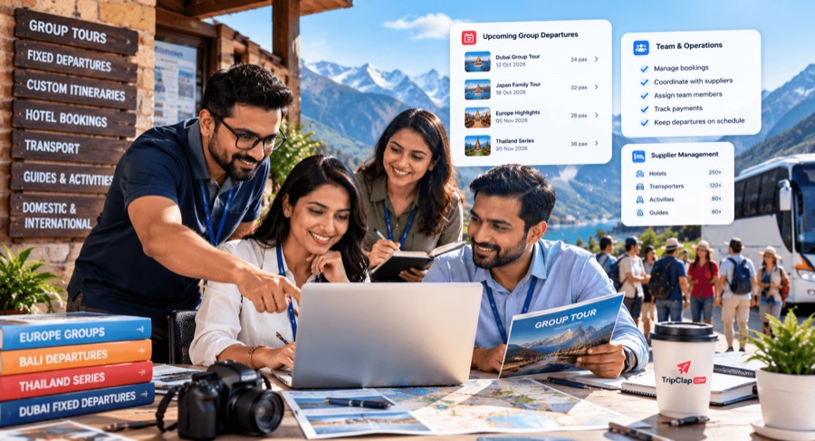 Tour operator team managing group departures and suppliers in TripClap CRM