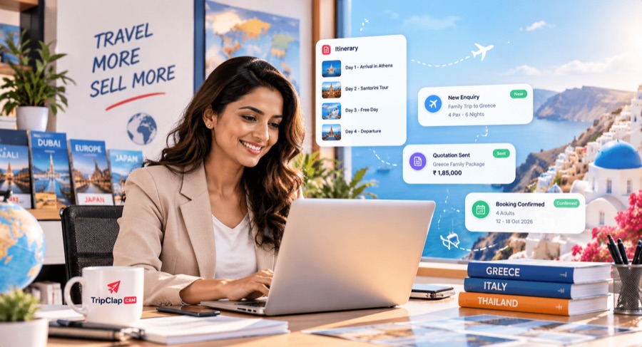 Travel agent building a Greece itinerary and quotation in TripClap CRM